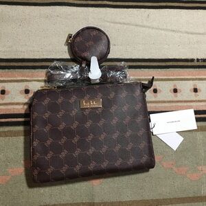 Nicole Miller Brown logo faux leather crossbody purse mini circular pouch new